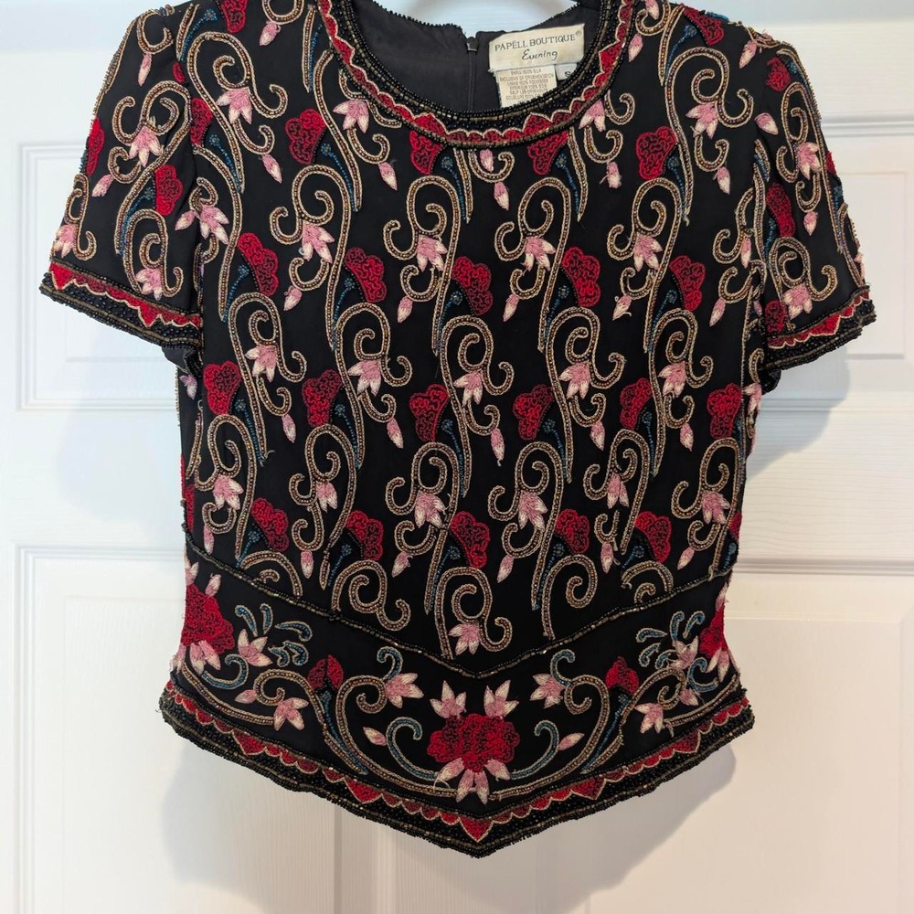 Vintage Papell Boutique 100% Silk Embroidered Beaded Top Black Red Gold S